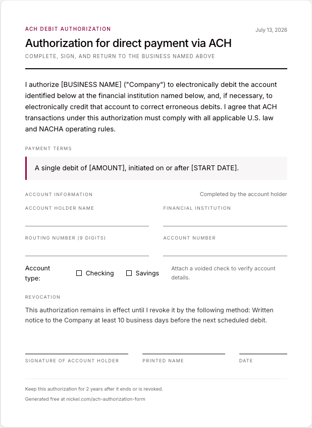 Preview of a blank one-time ACH authorization form