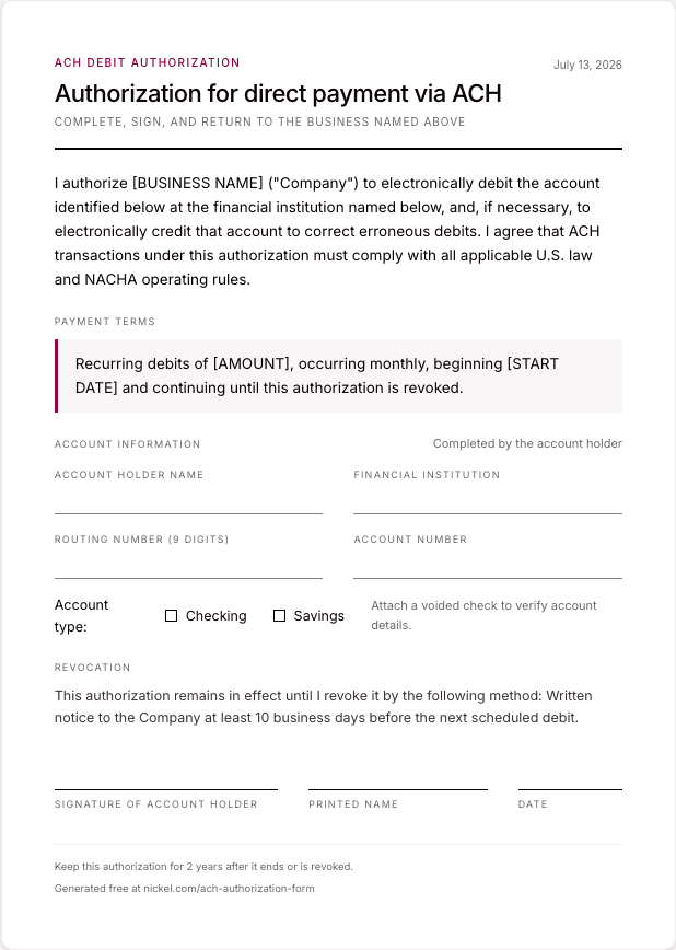 Preview of a blank recurring or variable-amount ACH authorization form