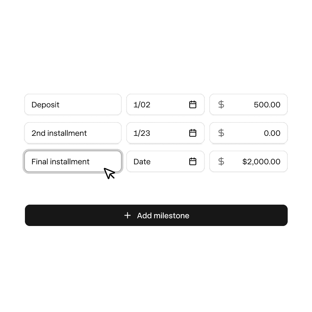 Invoice with upfront, deposit, and milestone payment options