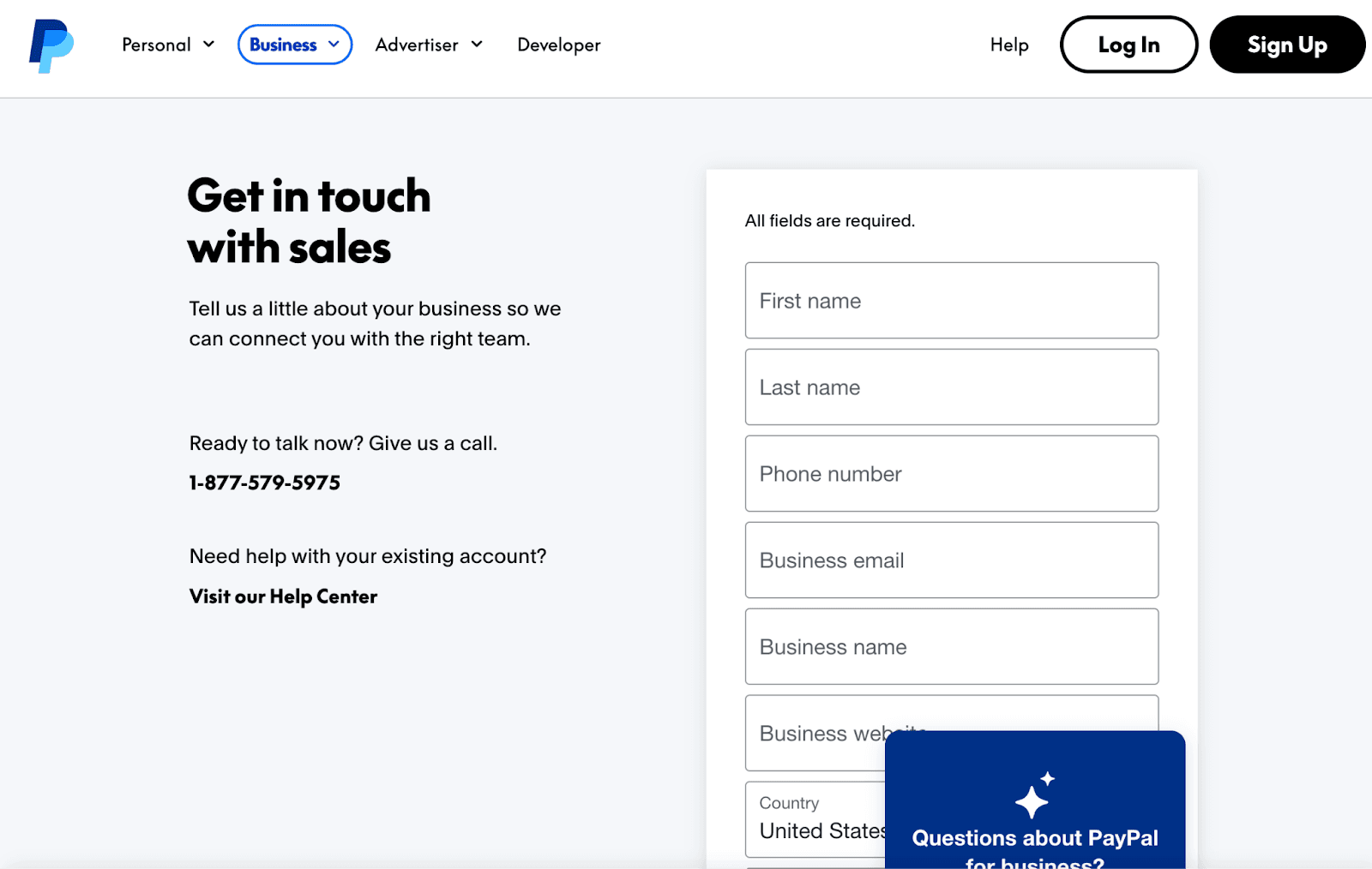 PayPal Business payments homepage, a Melio alternative with broad consumer recognition
