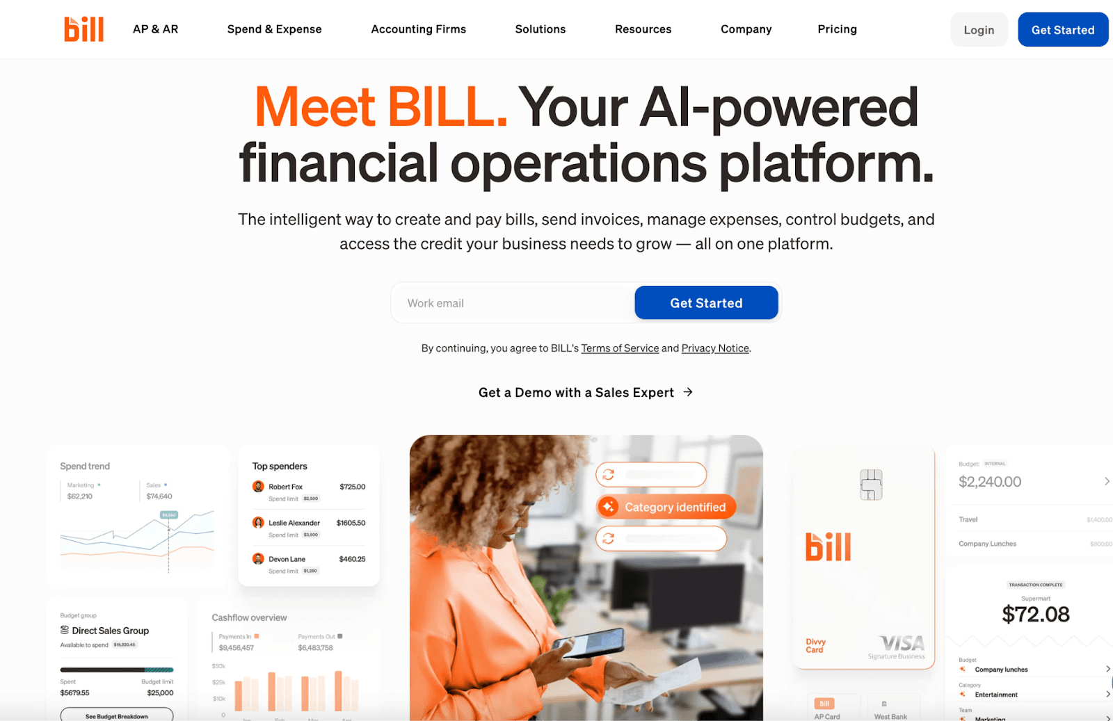 Bill.com (BILL) financial operations platform homepage for small business AP and AR
