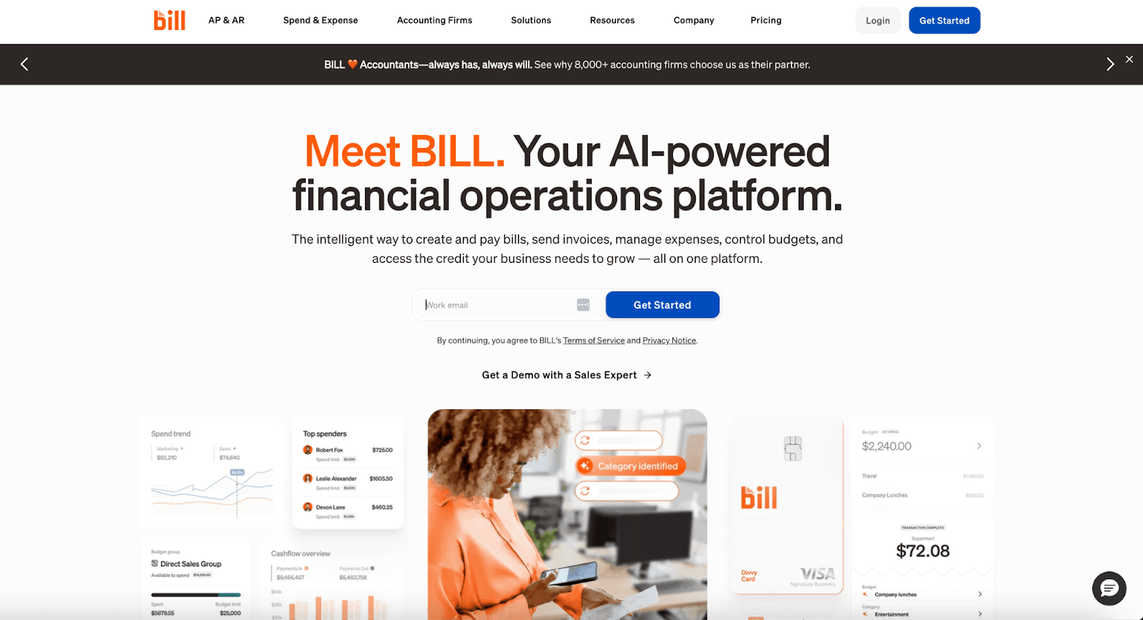Bill.com financial operations platform homepage with AP, AR, and Divvy corporate cards