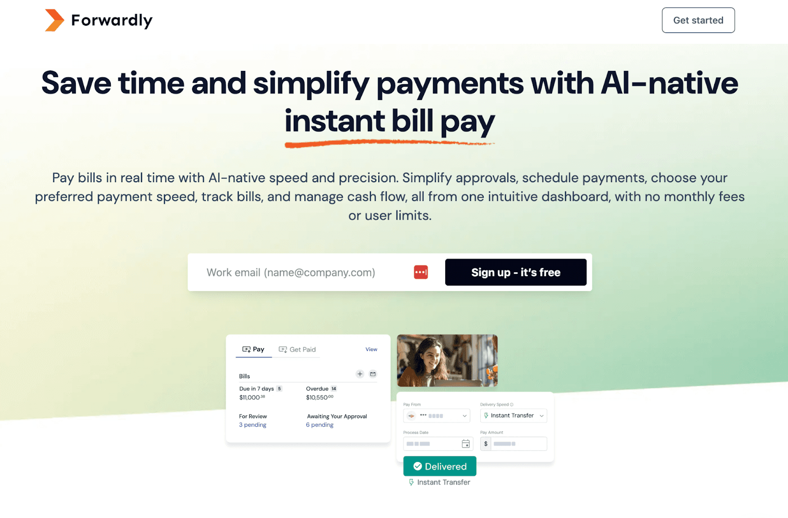 Forwardly payment platform homepage, a Melio alternative with limited free ACH transfers