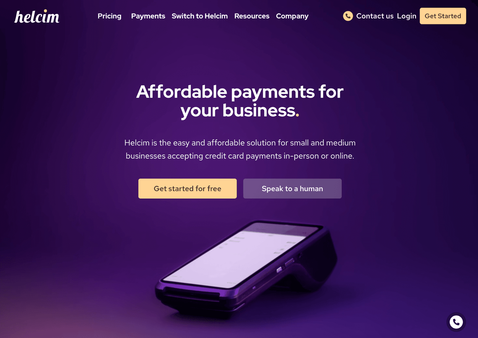 Helcim payment processor homepage with transparent interchange-plus pricing, a Melio alternative