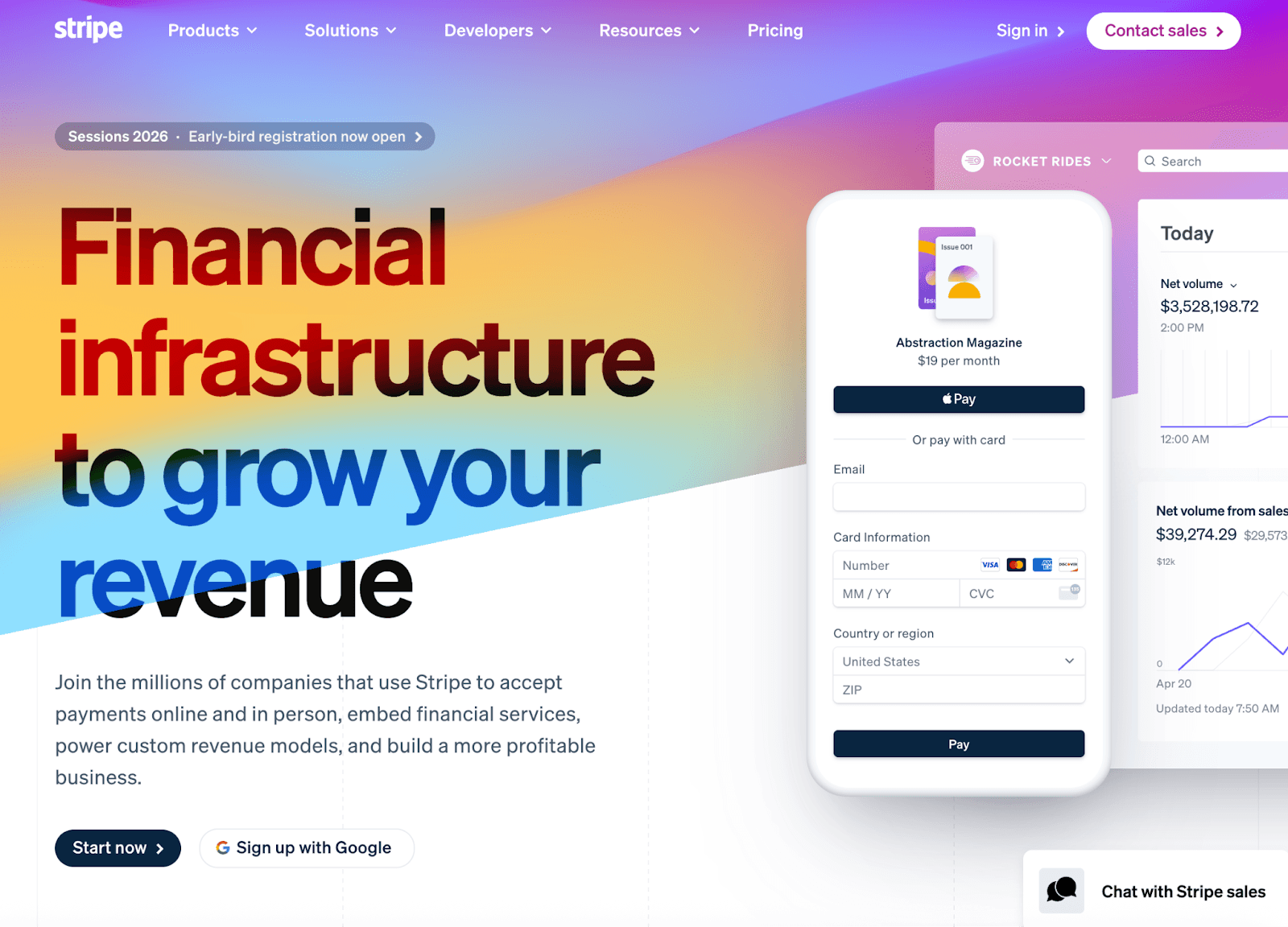 Stripe online payments platform homepage, a Melio alternative for developer-focused businesses
