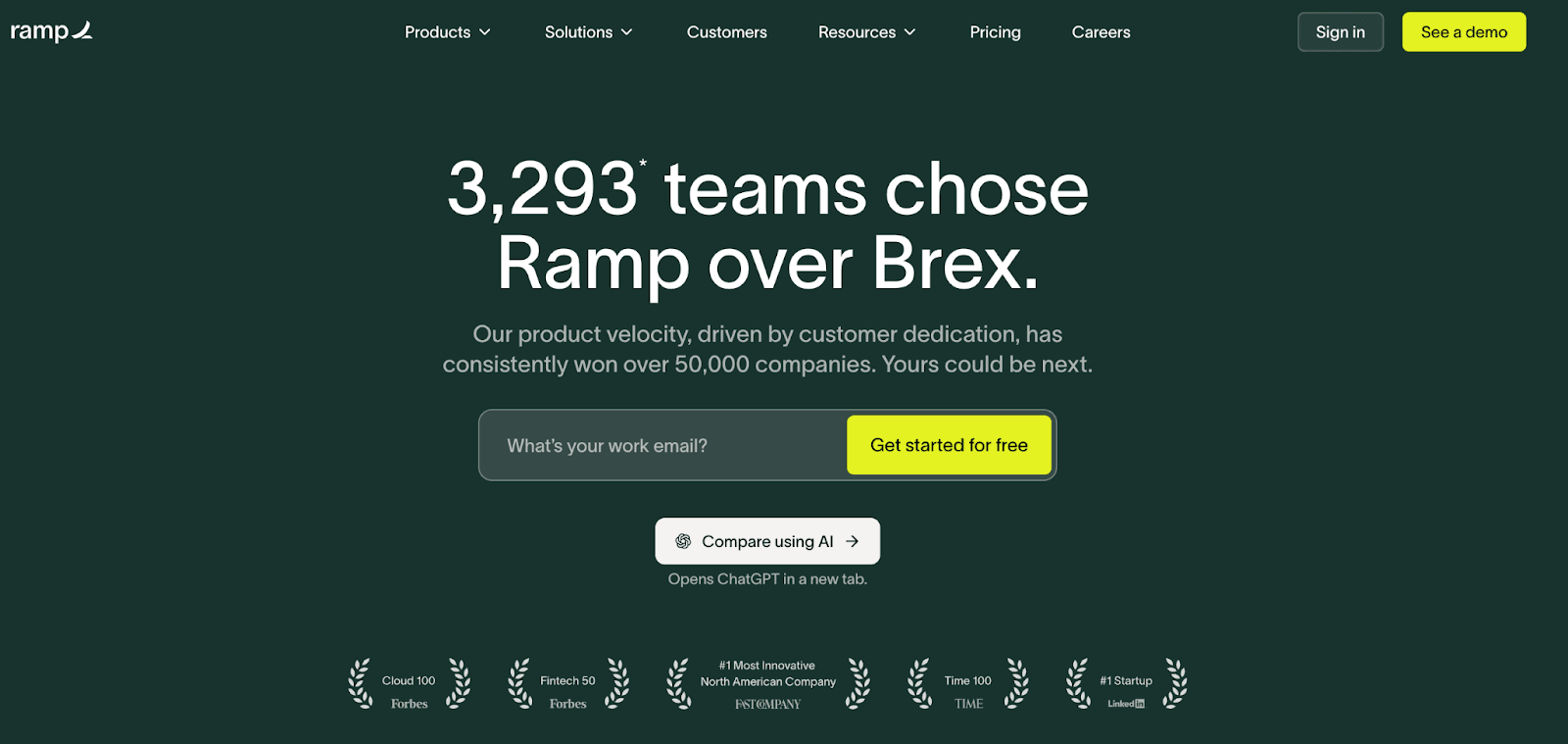 Ramp spend management and corporate card platform homepage